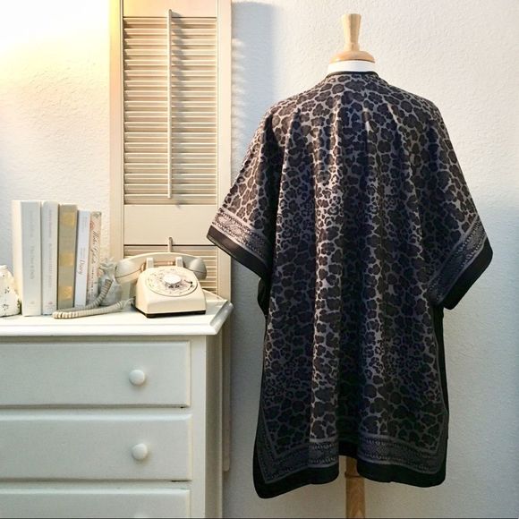 Leopard Print Gray & Black Wrap Shawl, Tassel Ties Closure, Oversized, Boxy, - Picture 6 of 8